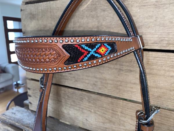 Teal, Red and Black Beaded browband